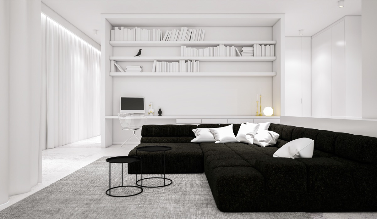 Avslappnat, minimalistiskt vardagsrum