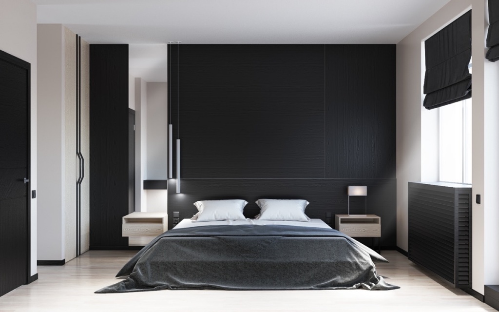 Minimalistiskt svart sovrum