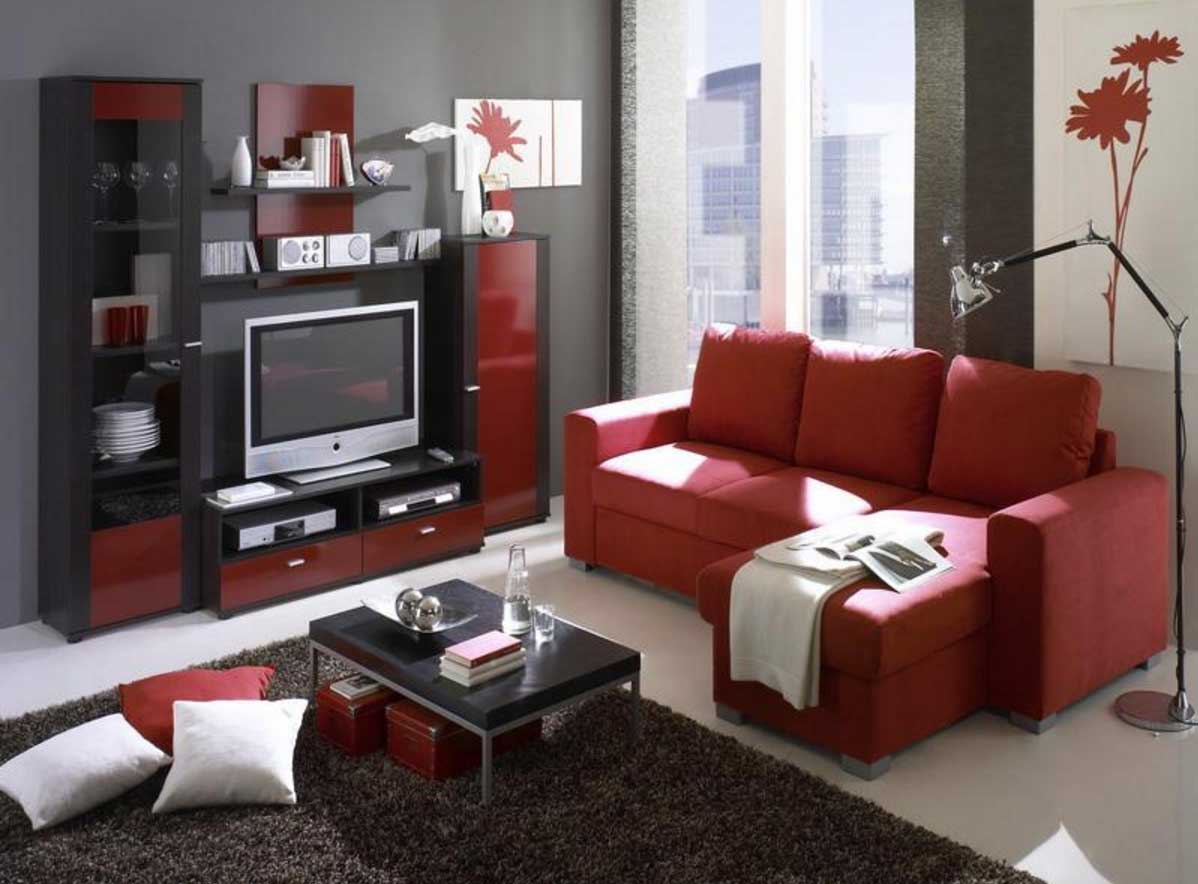 Coolt modernt vardagsrum i rött och svart