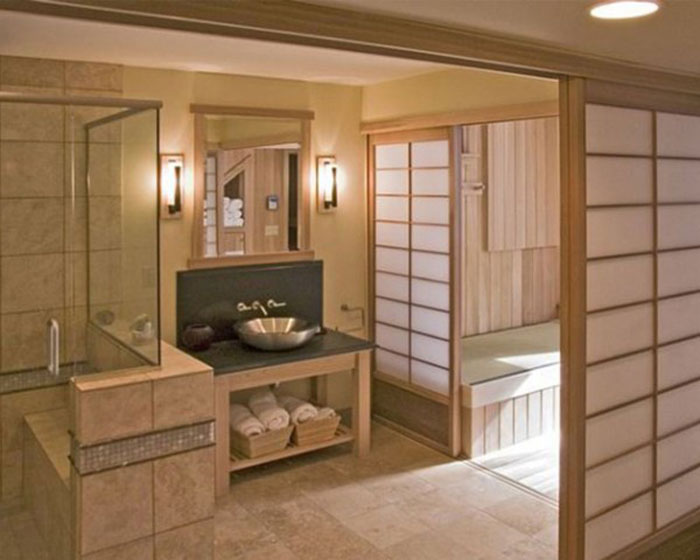 79456128070 Den eleganta designen i badrum i japansk stil