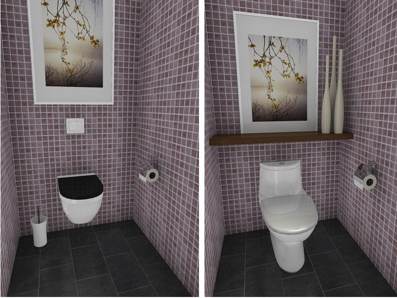 Litet badrum med väggmonterad toalett och hyllor
