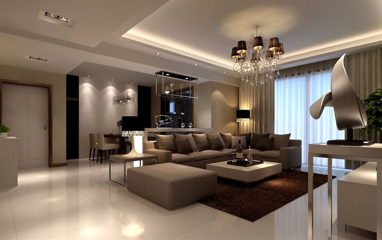 Modernt stilfullt brunt soffavardagsrum