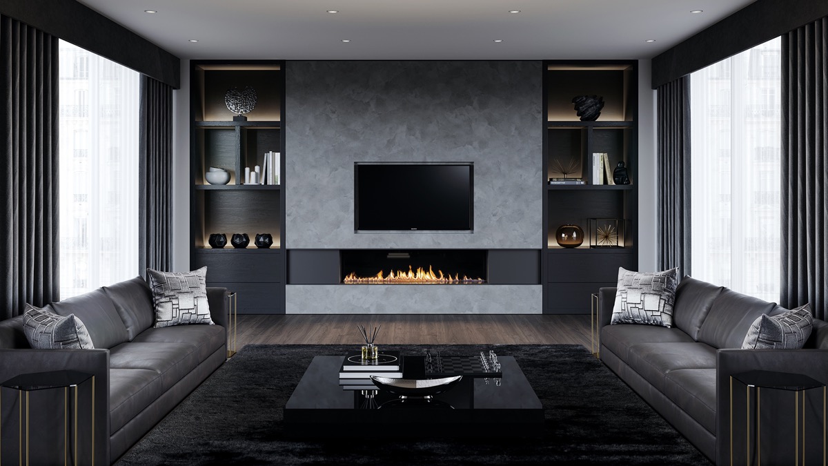 Charmigt, minimalistiskt svart och grått vardagsrum